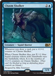 Chasm Skulker
 Whenever you draw a card, put a +1/+1 counter on Chasm Skulker.
When Chasm Skulker dies, create X 1/1 blue Squid creature tokens with islandwalk, where X is the number of +1/+1 counters on Chasm Skulker. (They can't be blocked as long as defending player controls an Island.)